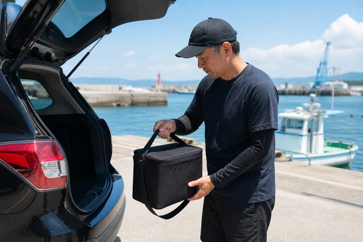 釣行後のバッテリーを日陰の安定した場所へ運ぶ釣り人