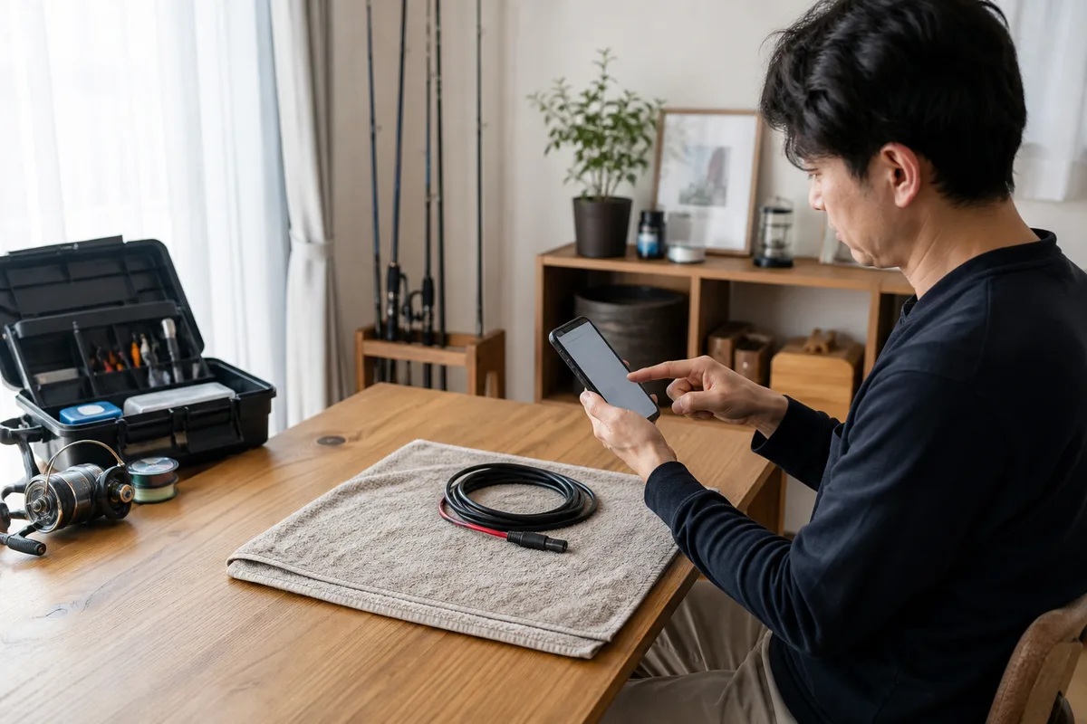 釣行後に電源コードを乾いたタオルの上で点検し、次回メモを残している写真