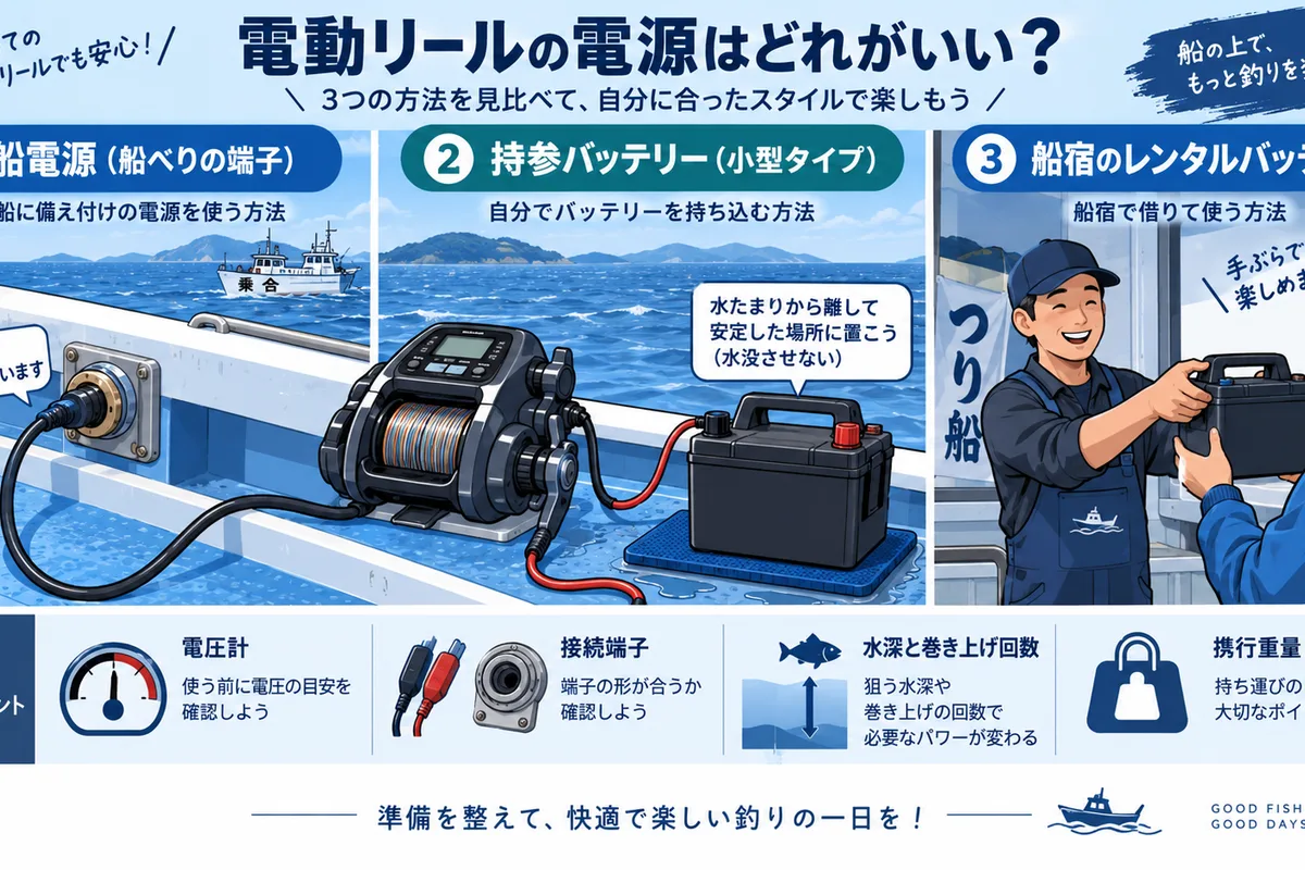 電動リールは船電源とバッテリーどっち？6.6Ah・13.2Ah・26.4Ahと