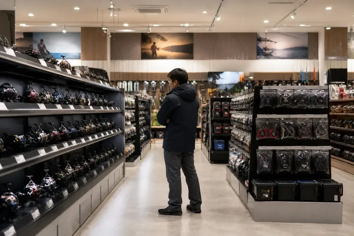 釣具店で電動リール本体と周辺機器を分けて確認している釣り人