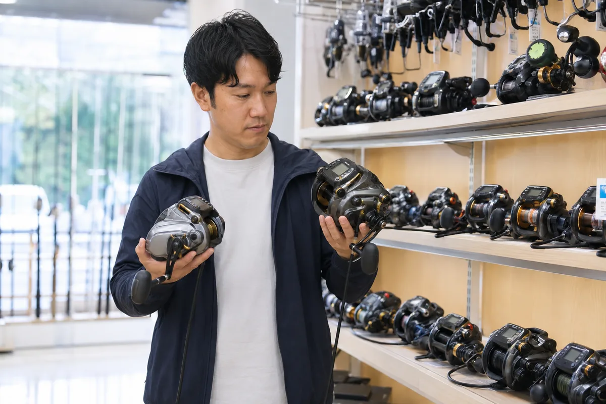 釣具店のリール売り場で、シマノとダイワの電動リールを持ち比べている釣り人