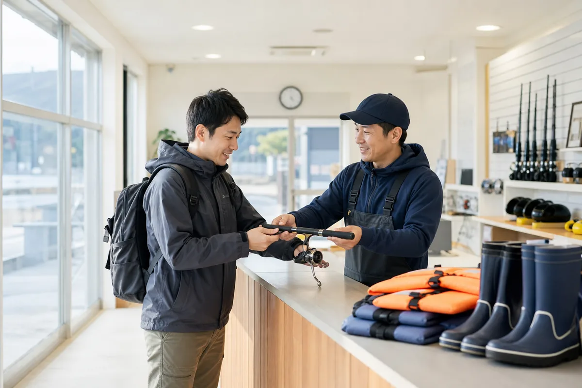船宿の受付カウンターでスタッフからレンタル竿とリールを受け取る釣り人。カウンターにライフジャケットと長靴が並んでいる