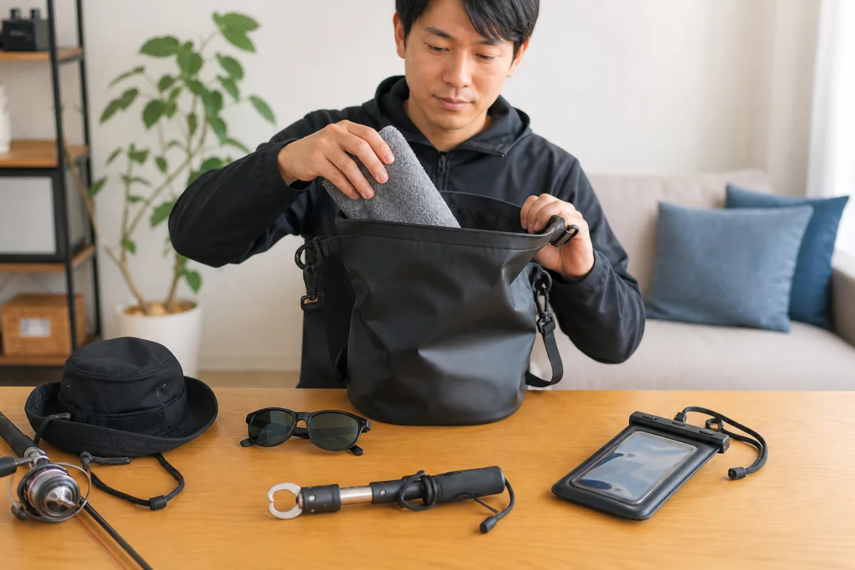 自宅で船釣り用の小物を用途別に分け、防水バッグへ収納する釣り人