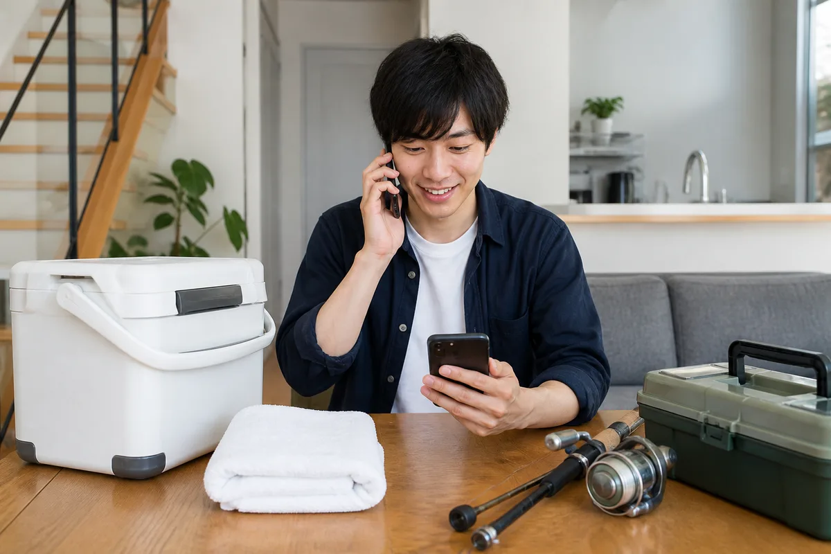 予約前にスマートフォンのメモを見ながら、船宿へ貸出品を確認する釣り人