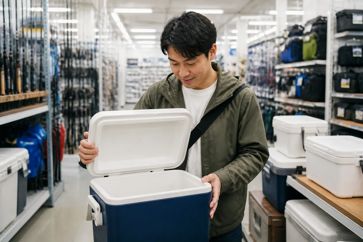 釣具店で20L前後のクーラーボックスを開き、容量と持ち運びやすさを確かめる釣り人