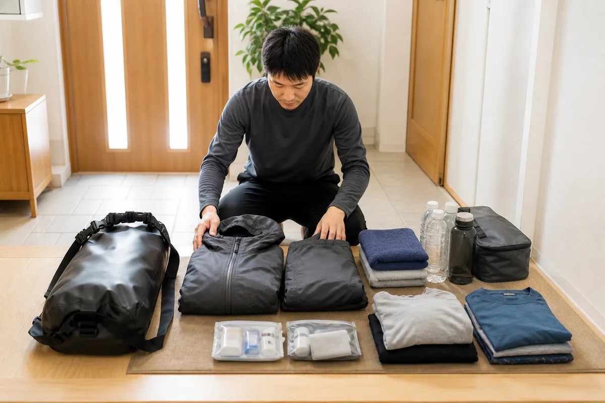 自宅の玄関で、防水バッグ、レインウェア、タオル、飲み物、着替えを用途別に並べる船釣り初心者