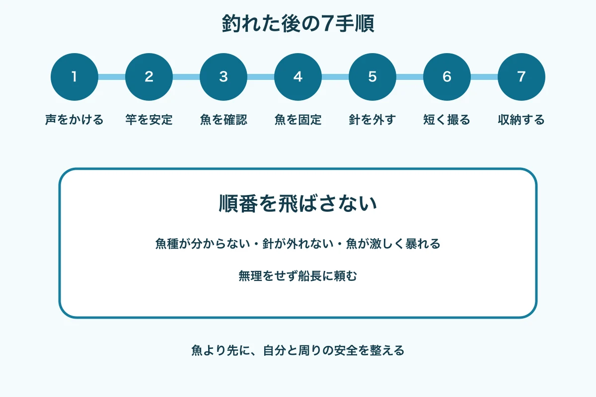 周囲確認から道具収納まで、魚を外す7手順を縦に示す図