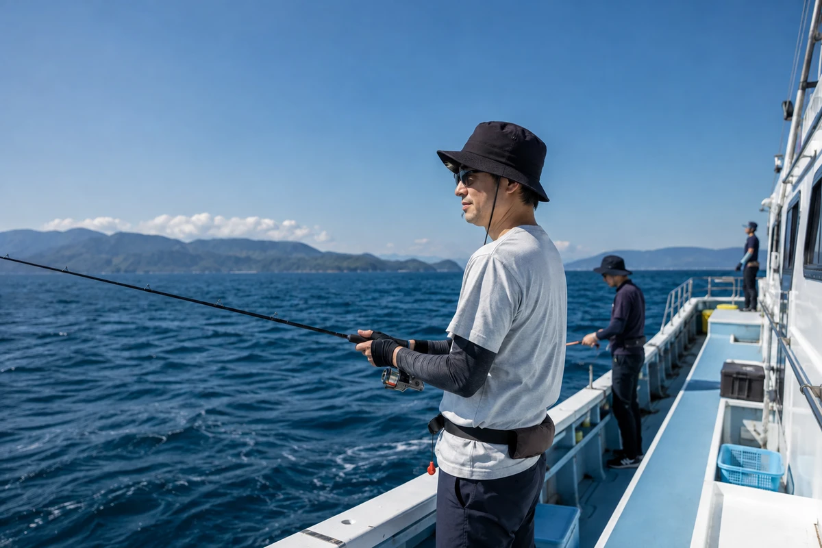 日中の乗合船で、一般的な指切り手袋を着けた釣り人がロッドを持つ引き構図