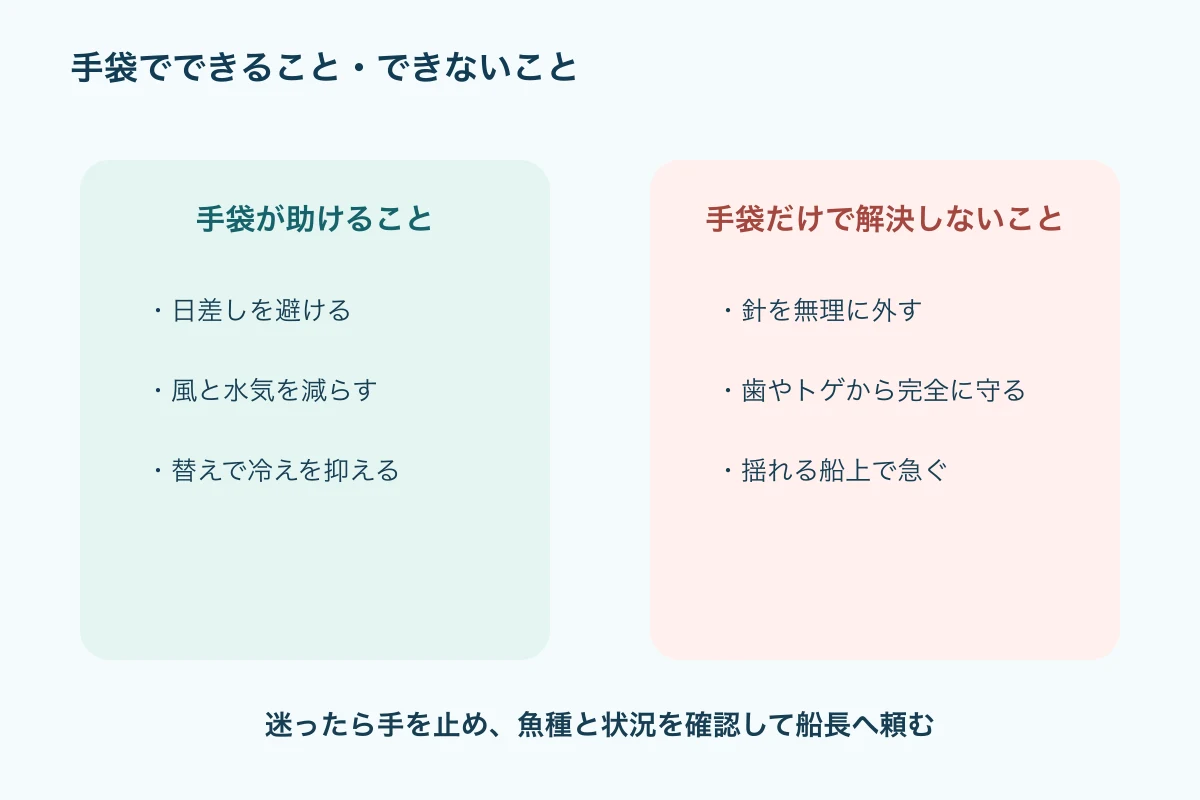 手袋では防げない危険を避け、魚種確認と船長への相談を促す安全判断図