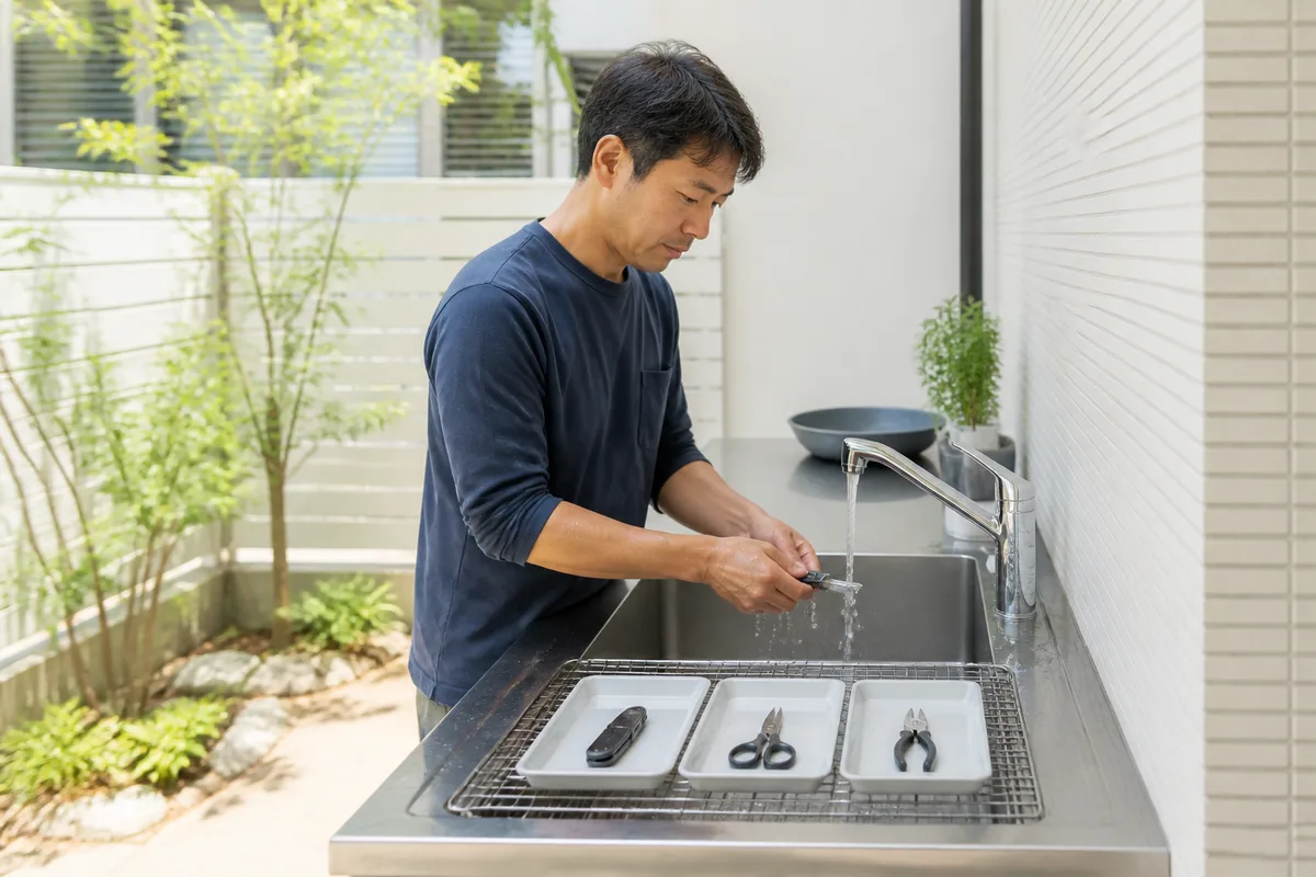 真水で洗ったナイフとハサミを分けて乾燥させる場面