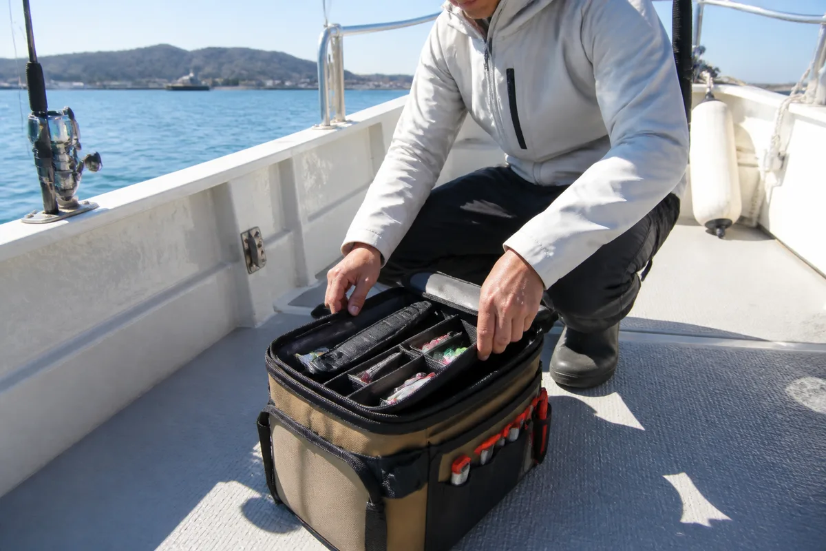 シース入りの小型ナイフを釣具バッグ内で固定する様子