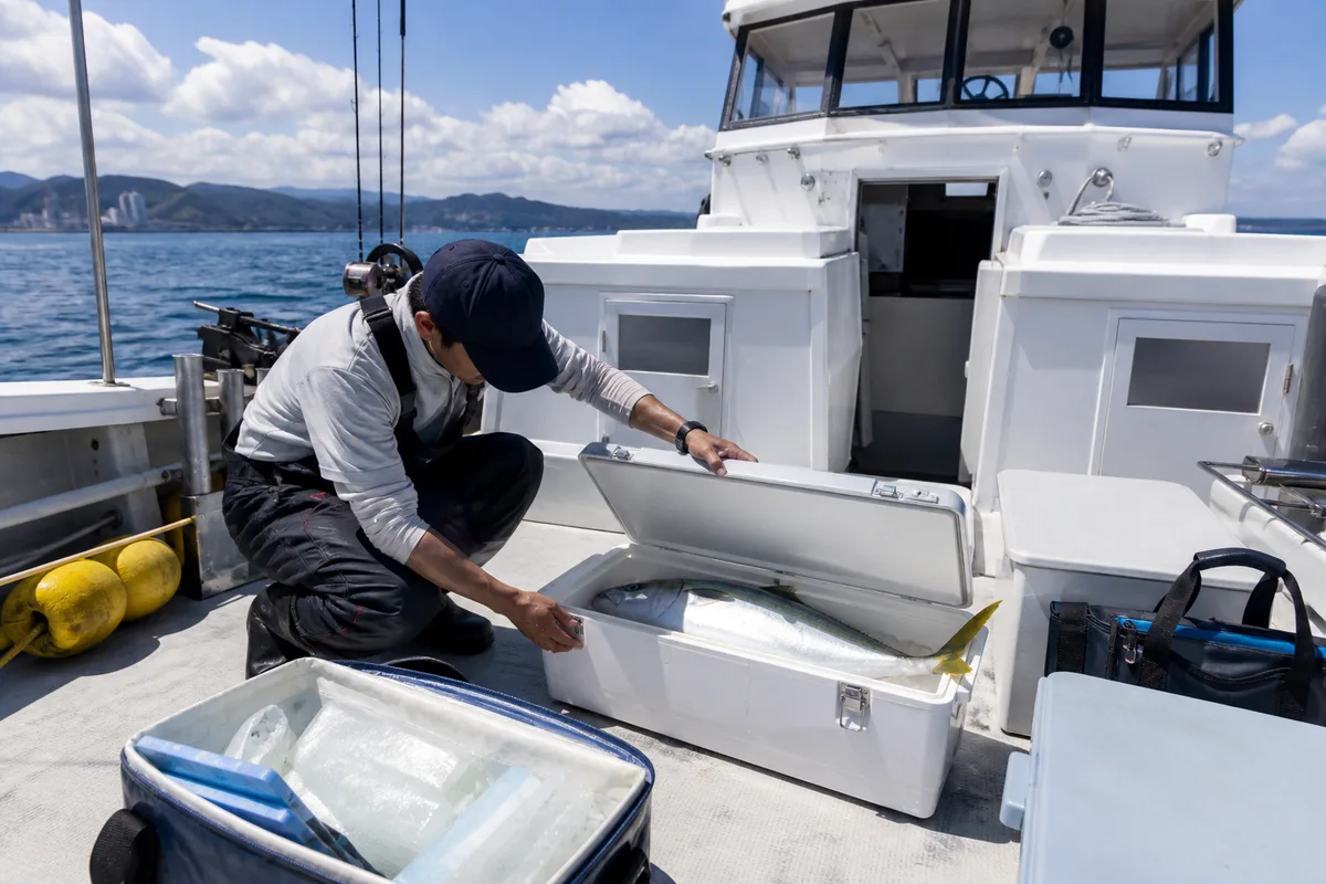 釣った魚を曲げずに入れられるクーラーと保冷用品を準備する場面