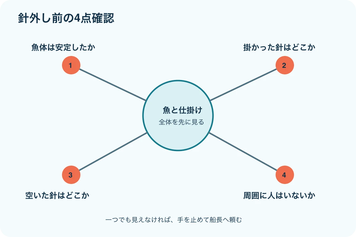 魚体、掛かった針、空いている針、周囲の人を順に確認する安全判断図