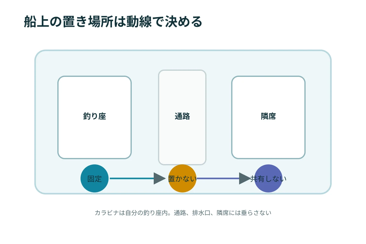 釣り座、通路、隣席からタオルの置き場所を決める図