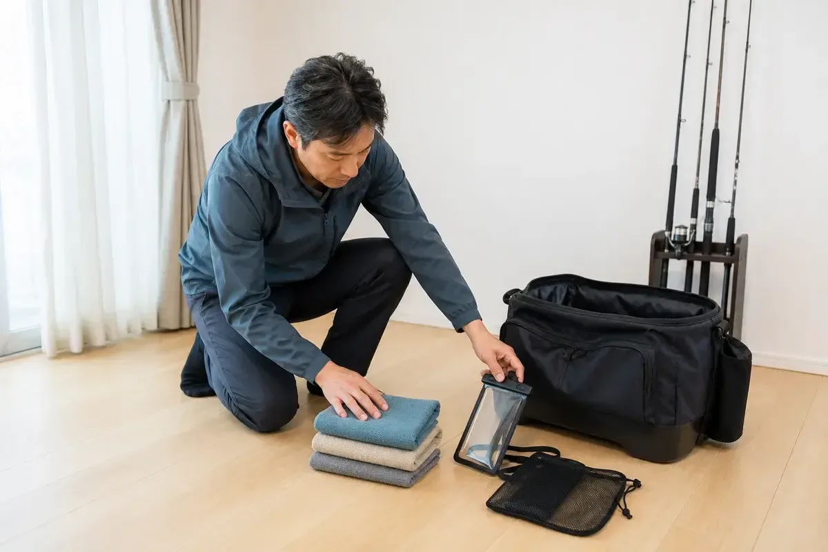前夜に色違いタオルと予備袋を釣りバッグへ入れる準備