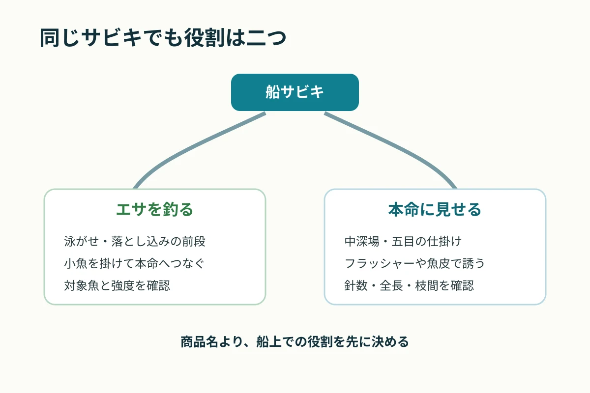 エサを釣るサビキと本命に見せるフラッシャーサビキを分岐で整理した図