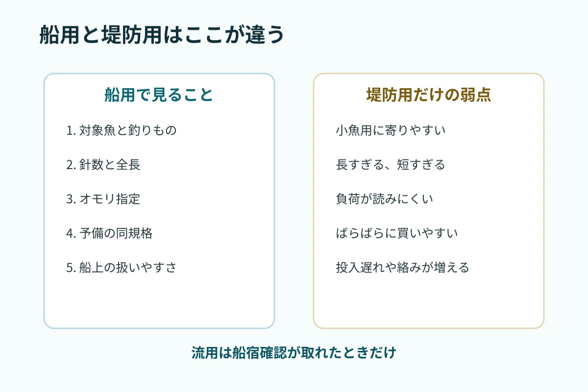 船用サビキと堤防用サビキを五項目で比較する図