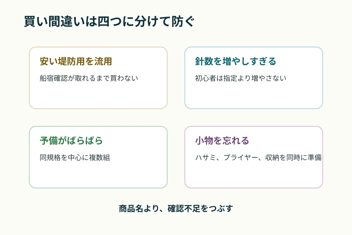 船サビキの買い間違いを、流用、針数、予備、小物の四つに分けて示す図