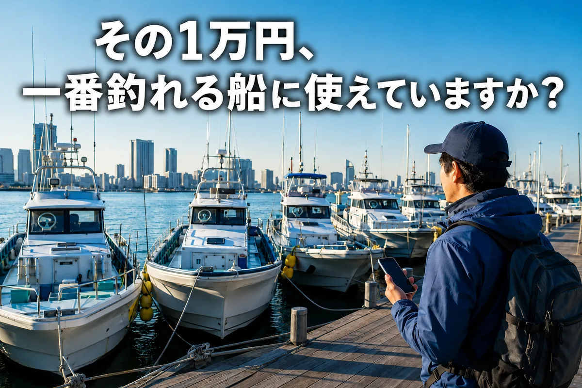 東京湾のマリーナに並ぶ複数の乗合船を背景に、朝の桟橋で釣り人がスマートフォンの料金表を見比べている様子。「その1万円、一番釣れる船に使えていますか？」と大きく書かれた文字が画面上部に入る、明るく上質な朝の港の写真