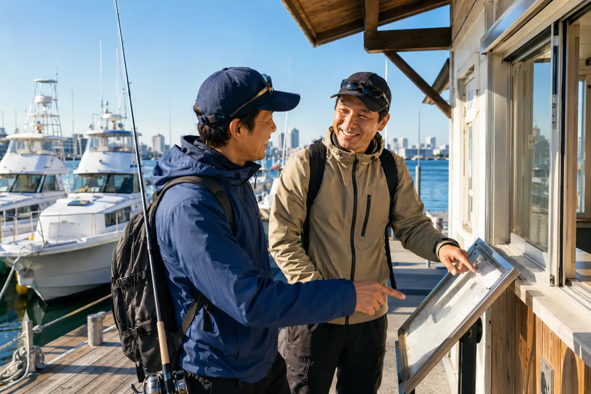 港の券売所前で複数の乗合船の料金案内板を見比べながら、どの釣り物にするか相談している釣り人2名。朝の明るい光の中、清潔な港の桟橋