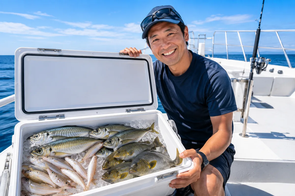 乗合船の上でクーラーボックスいっぱいに釣れたアジ・キス・イサキなど複数魚種を笑顔で見せる釣り人。夏の明るい日差しの下、清潔な船のデッキで撮影された写真
