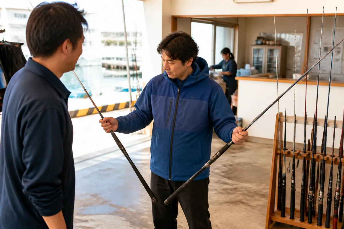 船宿のレンタル竿と一般的な船竿を並べ、釣り人が長さと持ちやすさを比べる場面