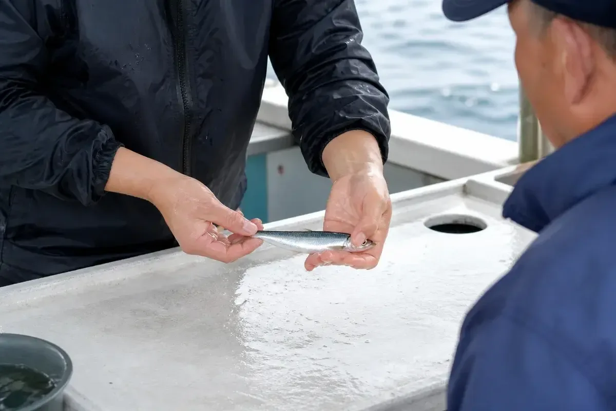 ヒラメ泳がせ仕掛けへ活きイワシを濡れた手で素早く付ける使用場面