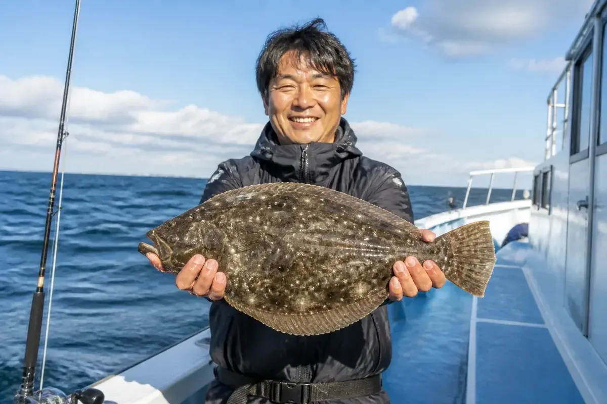 船上で釣れたヒラメを安全に持つ釣り人の明るい写真