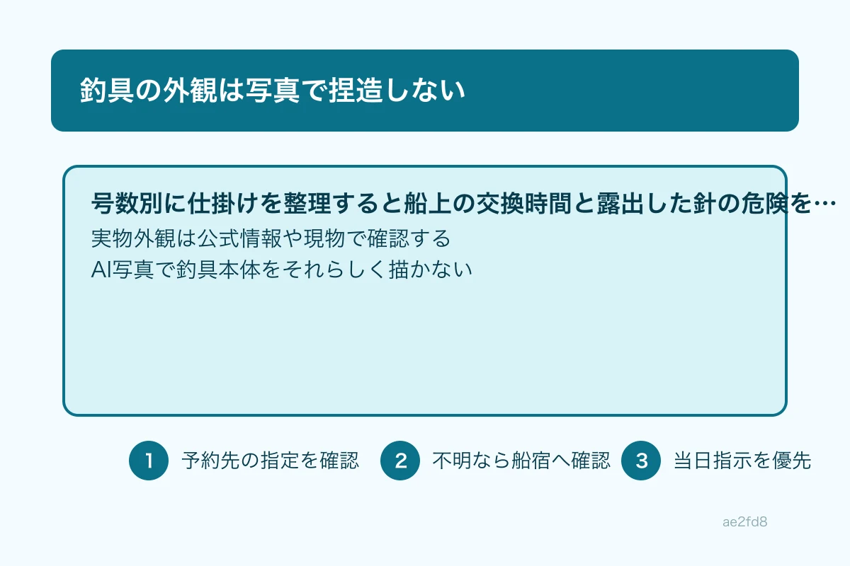 号数別にヒラメ仕掛けをケースへ整理する手元の写真
