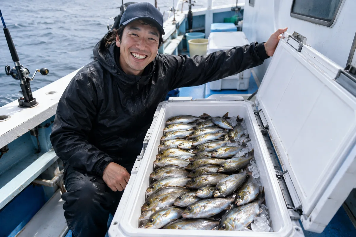 釣りたてのイサキをクーラーに入れて帰宅する釣り人の笑顔。クーラーボックスがパンパンに詰まっている