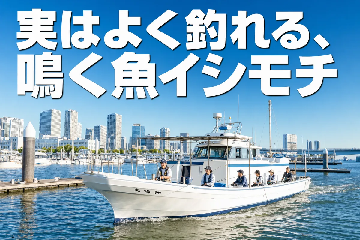夏の朝、東京湾を出港する清潔な乗合船。「実はよく釣れる、鳴く魚イシモチ」というキャッチコピー入りの明るい写真