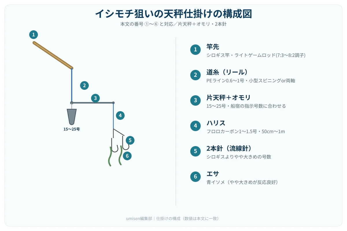 イシモチ狙いの天秤仕掛け構成図。竿先から道糸・片天秤とオモリ・ハリス・2本針・青イソメのエサまでを白丸番号で示した図解