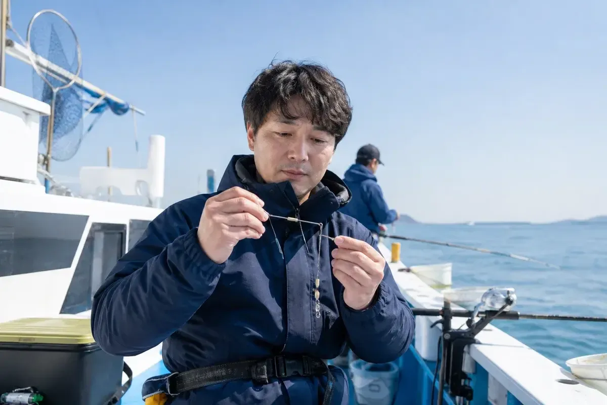 天秤仕掛けを手にして道糸への接続を確認する釣り人の明るい船上写真