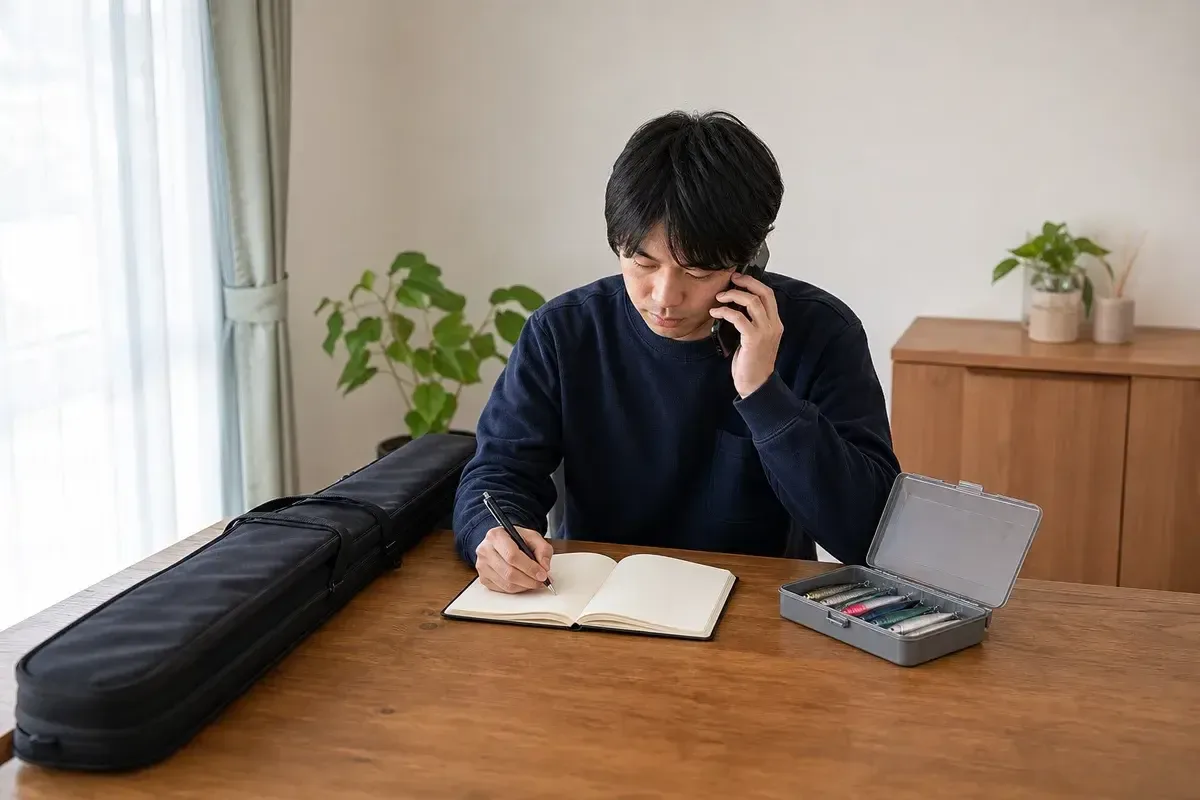 自宅で船宿へ電話し通常重量と重めの指定をメモする場面