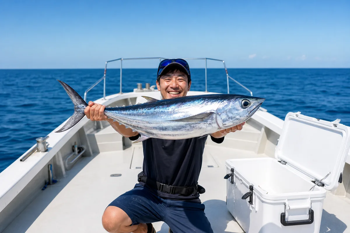 クーラーボックスの中の輝くカツオを両手で掲げ、満面の笑顔を見せる釣り人。夏の明るい日差しの下で撮影された写真