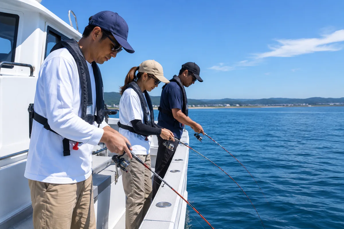 清潔な遊漁船のデッキで並んで竿を出す3人の釣り人
