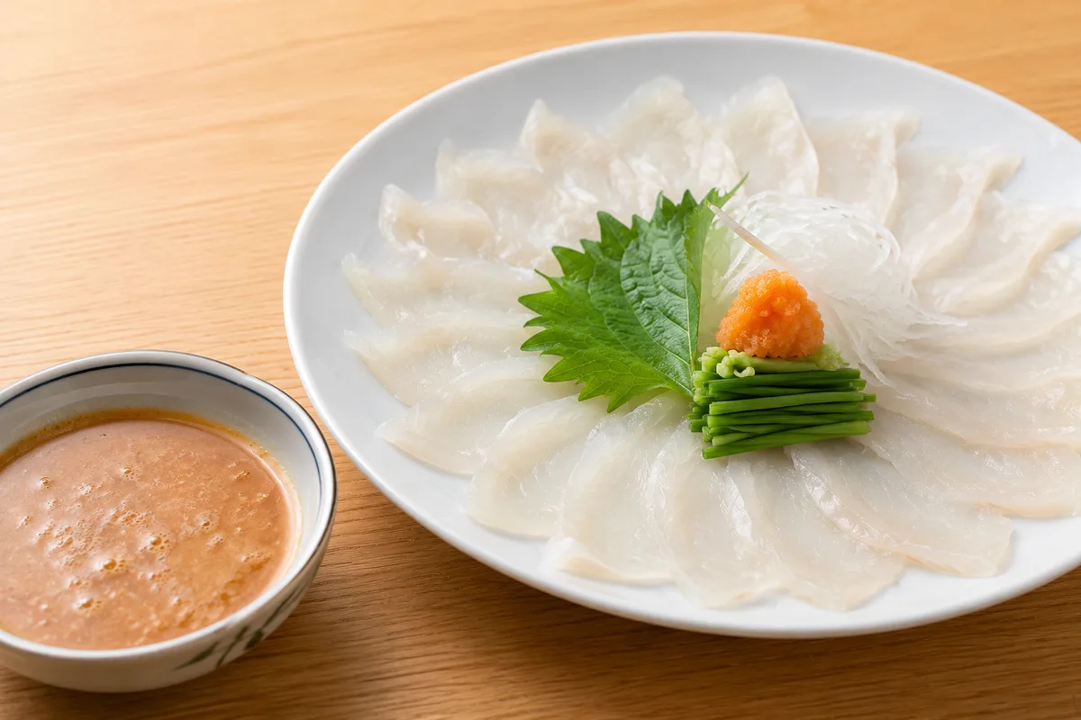 カワハギの薄造りに肝醤油を添えた料理を白い和皿に盛り付けた様子