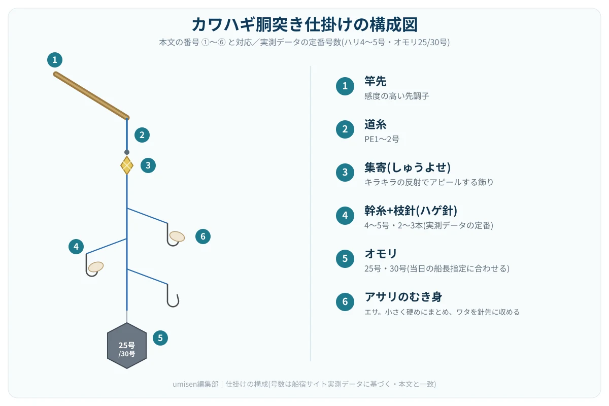 カワハギの胴突き仕掛けを構成する要素を示す図