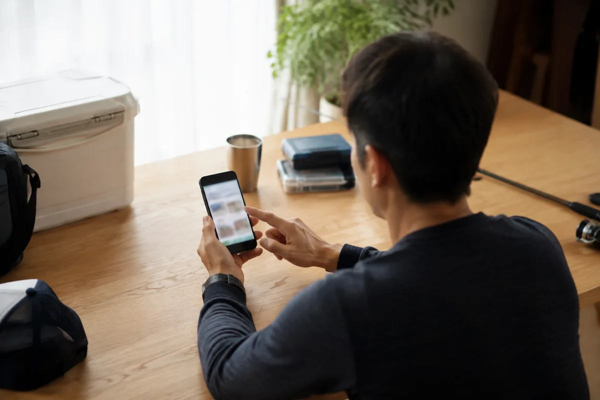 予約前にカワハギ船の案内をスマートフォンで確認する釣行準備の場面
