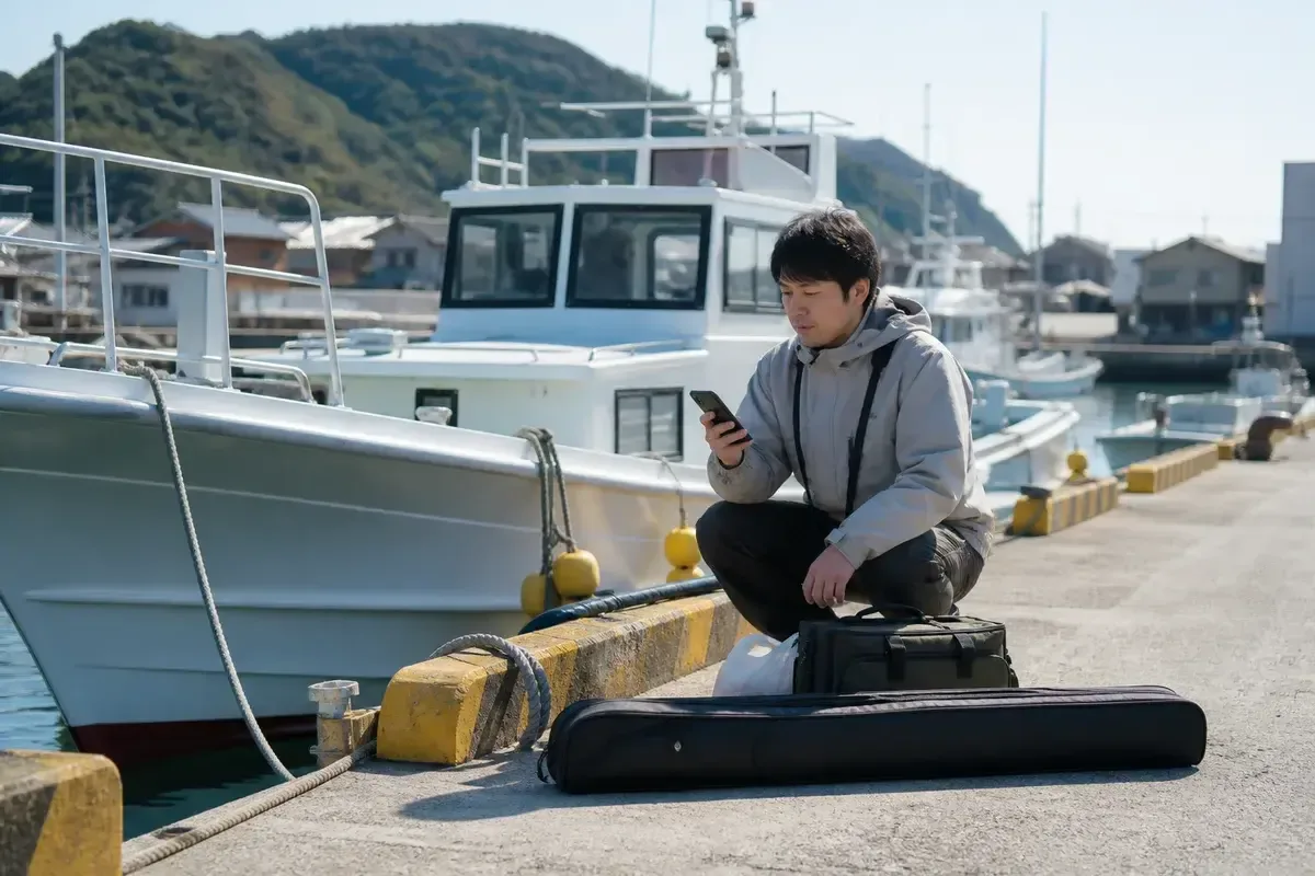スマートフォンでキハダ船の予約内容を確認する釣り人