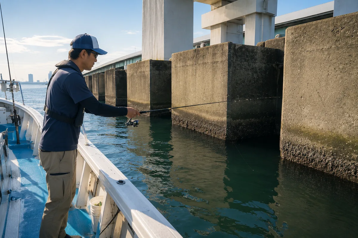 東京湾の護岸際、橋脚とケーソンが並ぶ水面近くで竿を構える釣り人。デッキから壁際にそっと仕掛けを送り込む様子