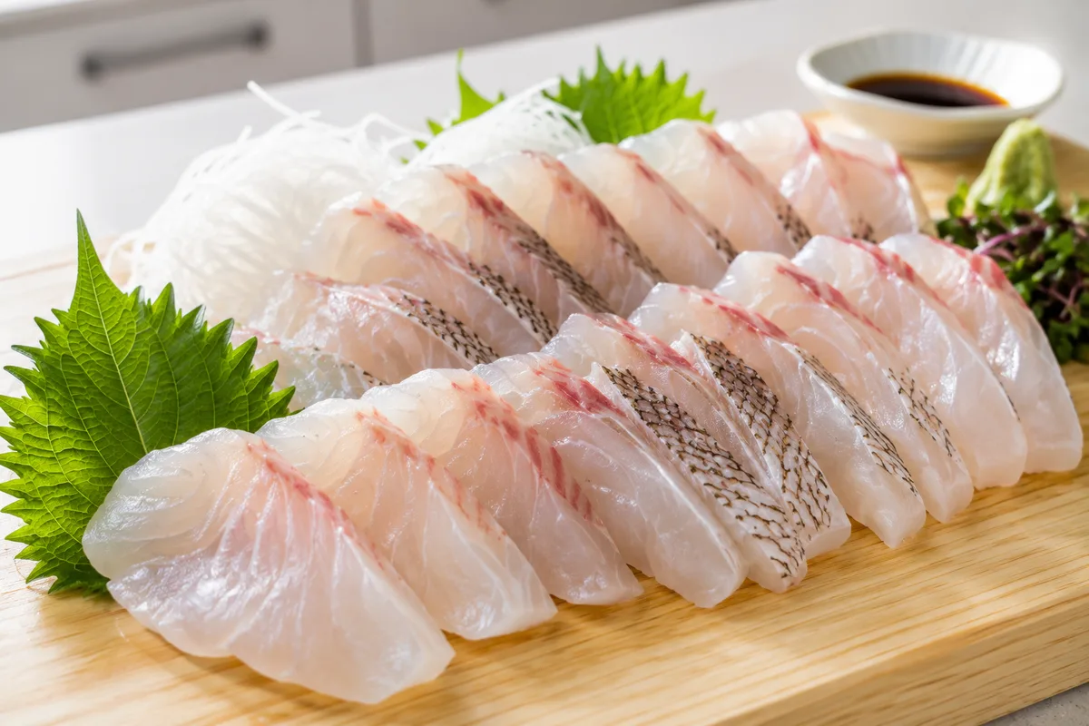 まな板の上でさばかれるクロダイの刺身。透明感のある白身が美しく並ぶ料理写真