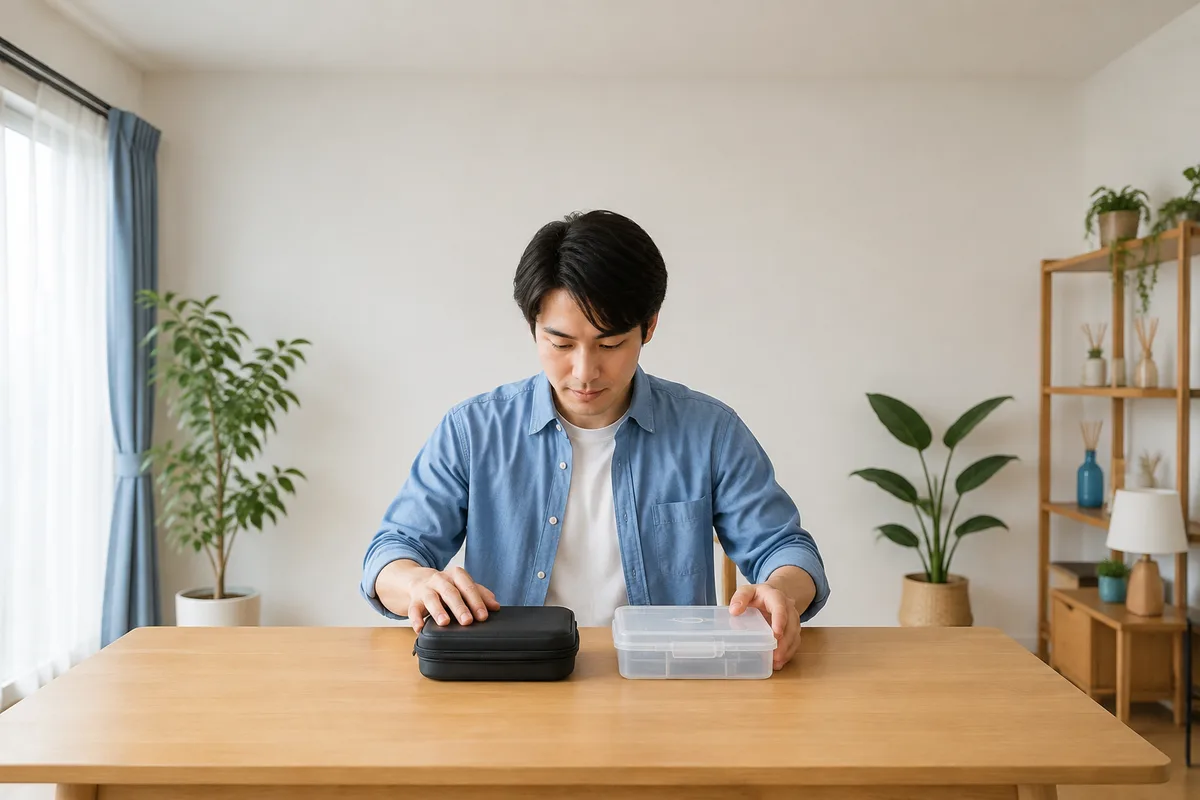 明るい室内で、成人が整理した作業台の上にリールケースと小物入れを分けて置く引き構図