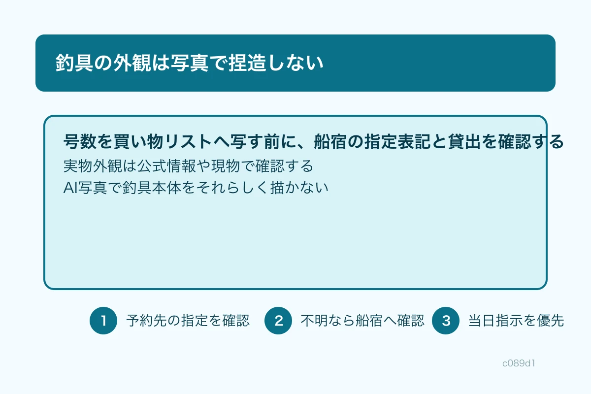 スマートフォンで船宿の案内ページを確認しながら、ビシ号数と貸出の有無をメモしている手元
