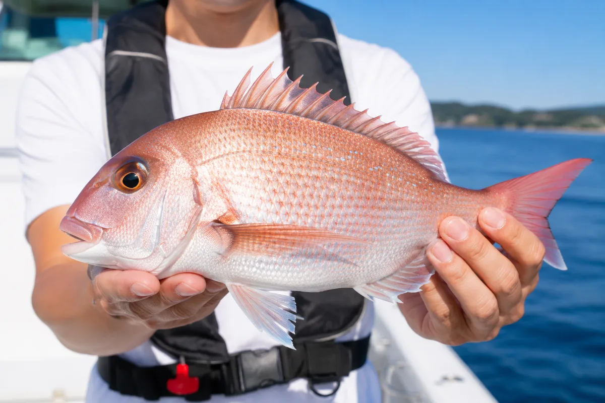 船上で釣り上げたばかりの美しいマダイを両手で持つ釣り人の手元。淡いピンクに青い斑点が映える