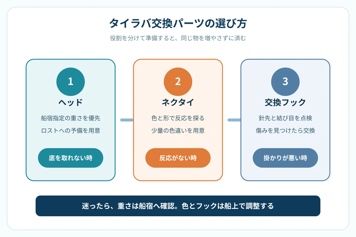 タイラバの交換優先度。ロストに備えるヘッド、色を替えるネクタイ、傷みを点検する交換フックを比較した図