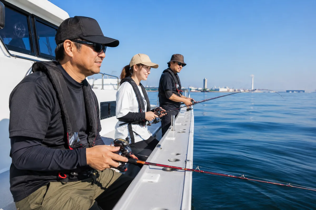 清潔な遊漁船のデッキで並んで竿を出す釣り人たち。穏やかな東京湾が広がる