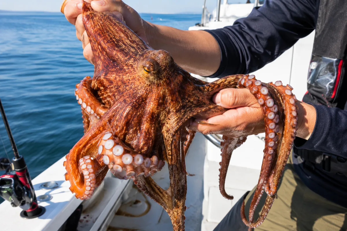 釣り上げたばかりのマダコを手に持つ釣り人。赤みがかった表皮と太い足が印象的
