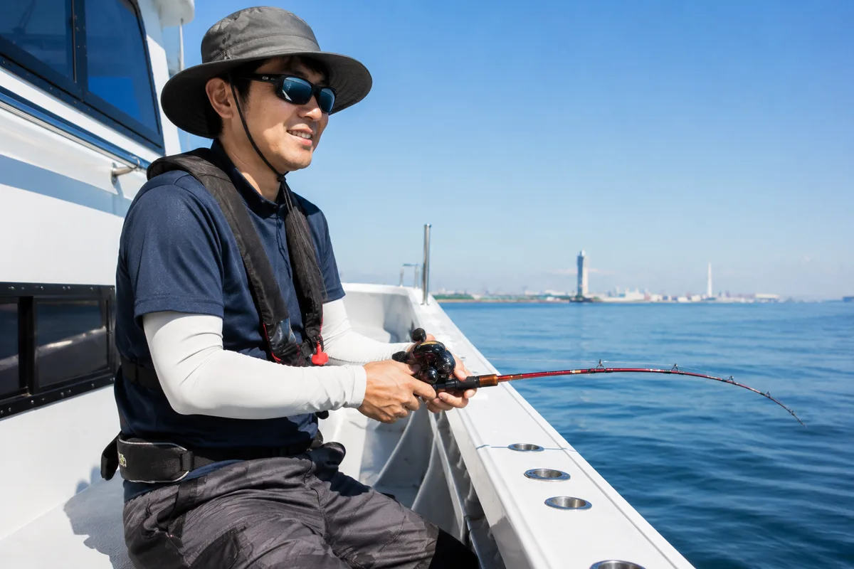 夏の東京湾で釣りをする釣り人。帽子・偏光グラス・アームカバーを着用し日差し対策をしている