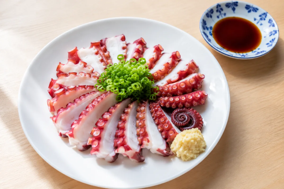 夏らしい盛り付けのゆでタコの刺身。足を放射状に並べた爽やかなプレートと薬味